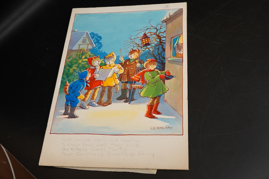 Gertrude Breary, Set of six original watercolours for children's postcard designs, Humourous cats, to include, Toboganning and Carol Singing, each signed, unframed, watercolours on card, 27 x 19cm